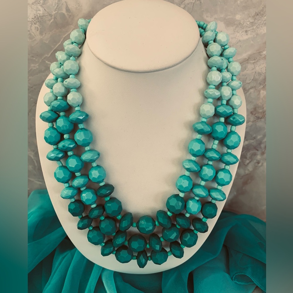 Turquoise and Teal Ombre Three Strand Acrylic Necklace